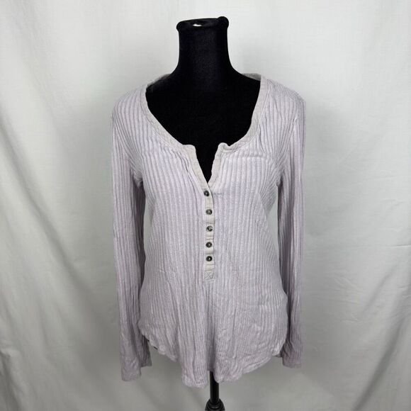 Anthropologie Postcard Ribbed Gray / Lavender Henley - Women’s L - Picture 2 of 9